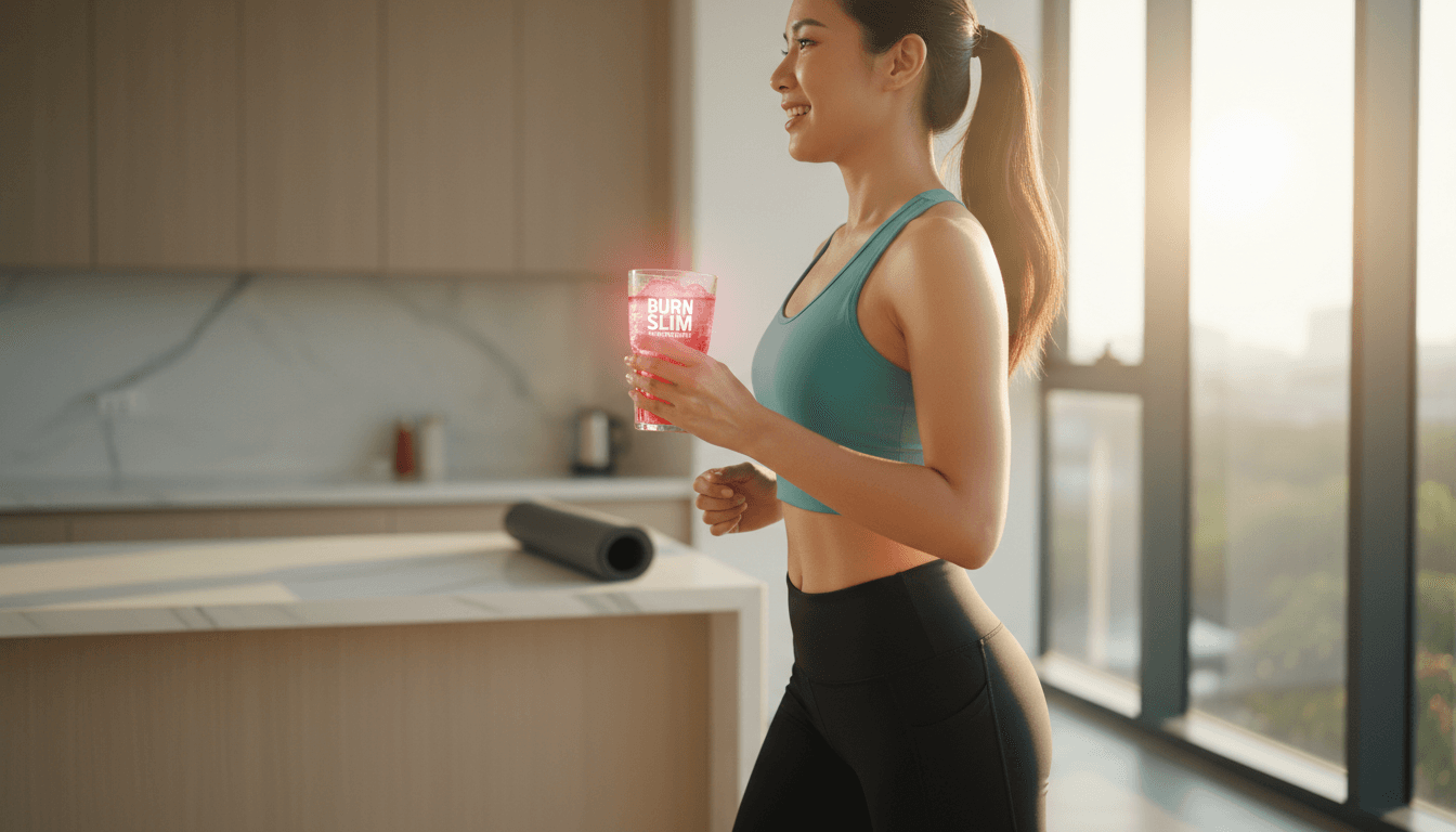Active person holding a glass of Burn Slim Supplement in bright natural light