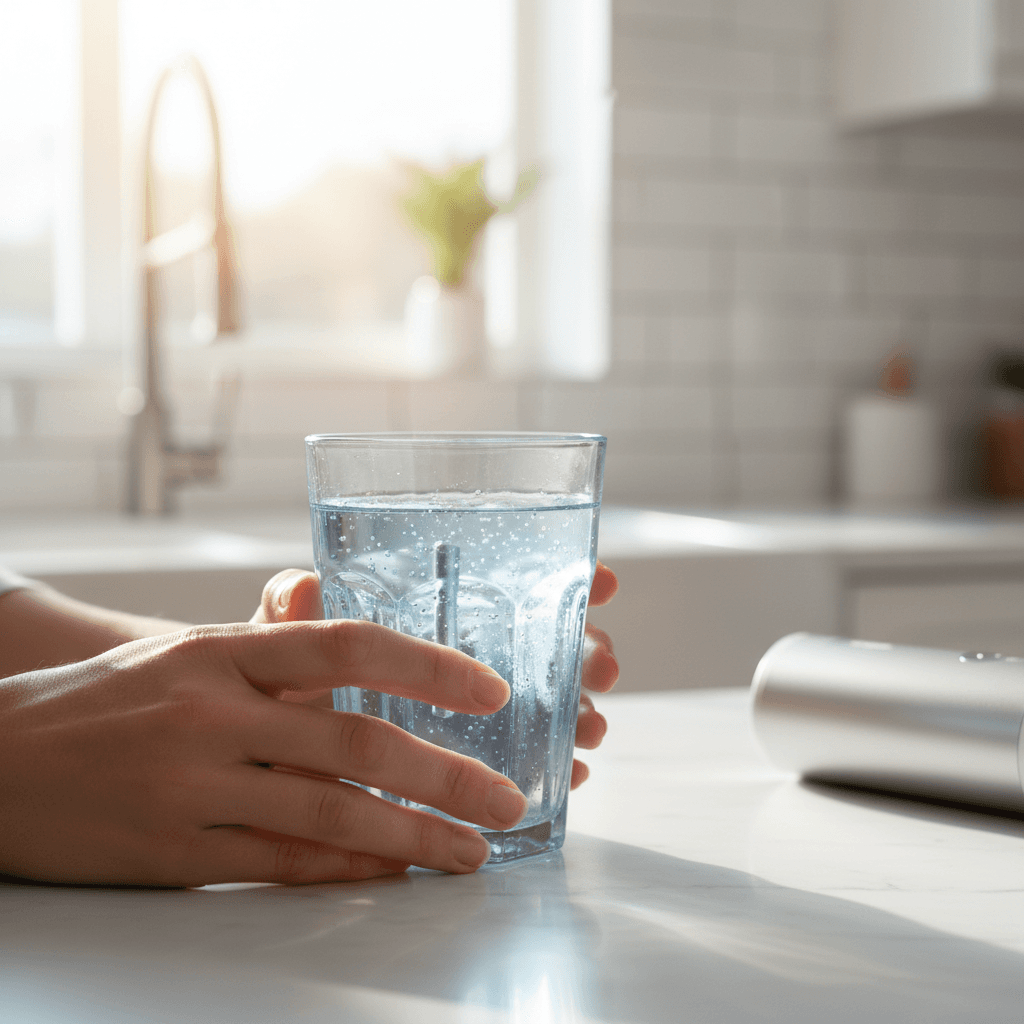 Person enjoying a glass of water in a bright modern kitchen, representing clean daily energy and wellness