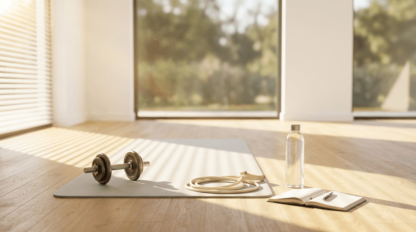 Active person during morning workout with natural sunlight and modern fitness environment