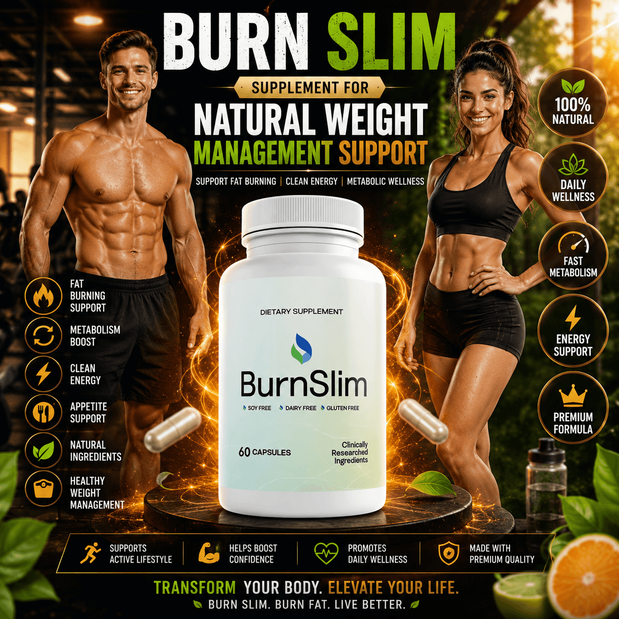 Burn Slim dietary supplement bottle for weight management, featuring a fit man and woman.